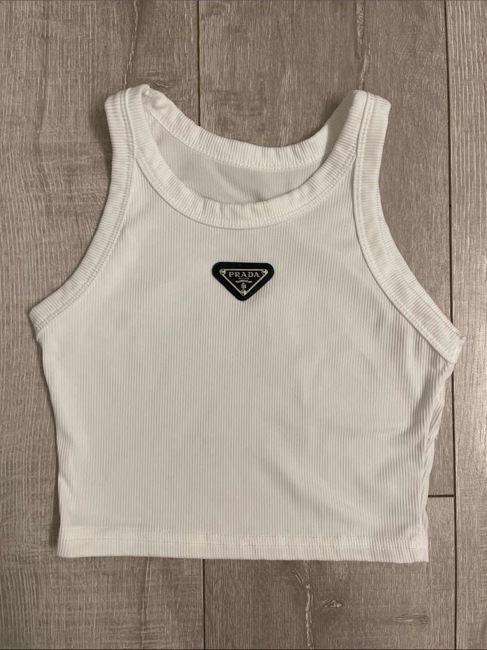 Authentic Prada White Ribbed Cropped Tank with Logo Plaque XS